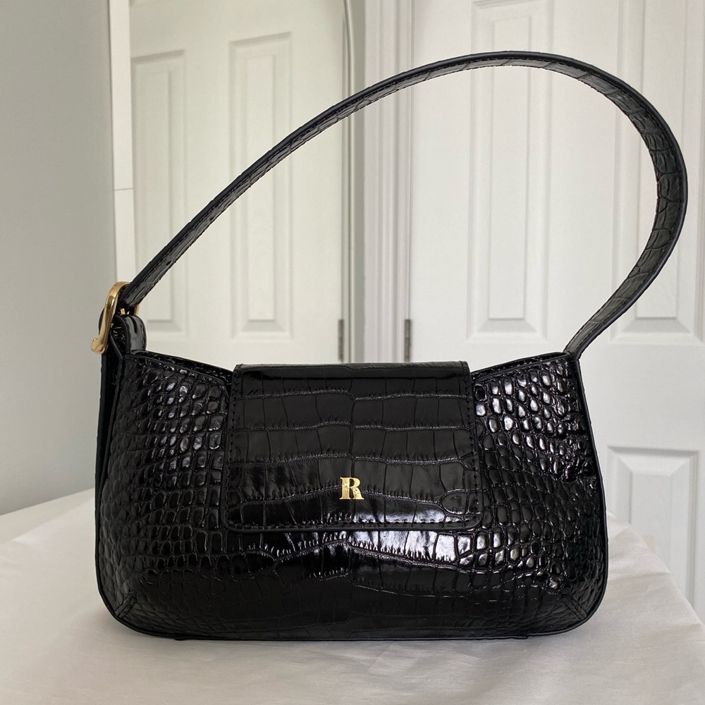 Rouje Black Croc-Embossed Shoulder Bag with Gold R Hardware